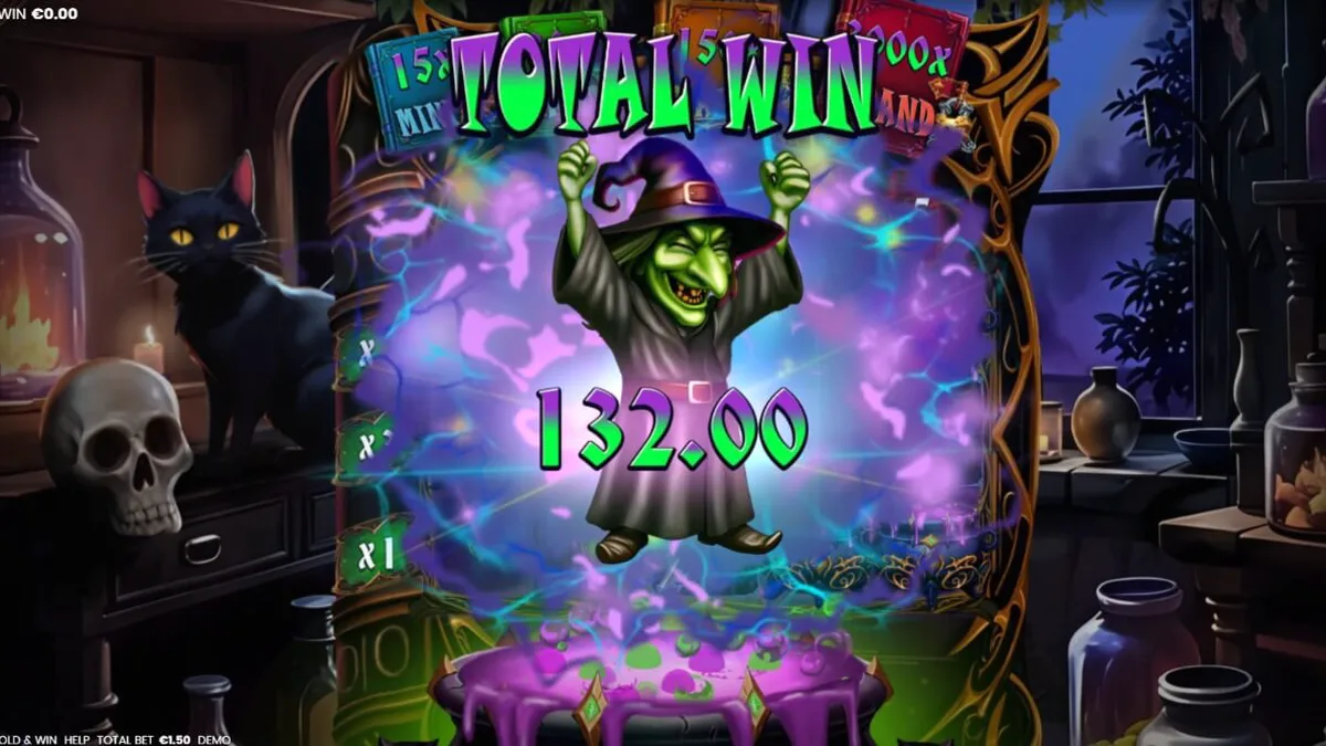 Tampilan visual permainan slot Witches’ Fortune: Hold & Win dengan tema sihir dan kuali ajaib.
